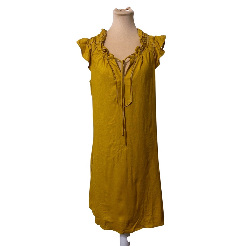 Signature by Robbie Bee Women Yellow Ruffle Neck Tie Dress Casual Minimalist M